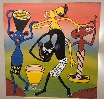 George Lilanga Original Enamel Painting On Board Signed 1990 Tanzanian Art