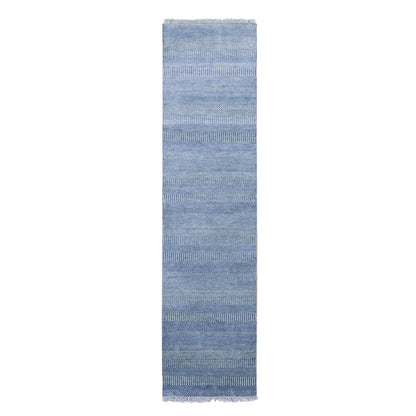 2'6"X9'10" Blue Hand Knotted Modern Grass Design Wool And Silk Runner Rug