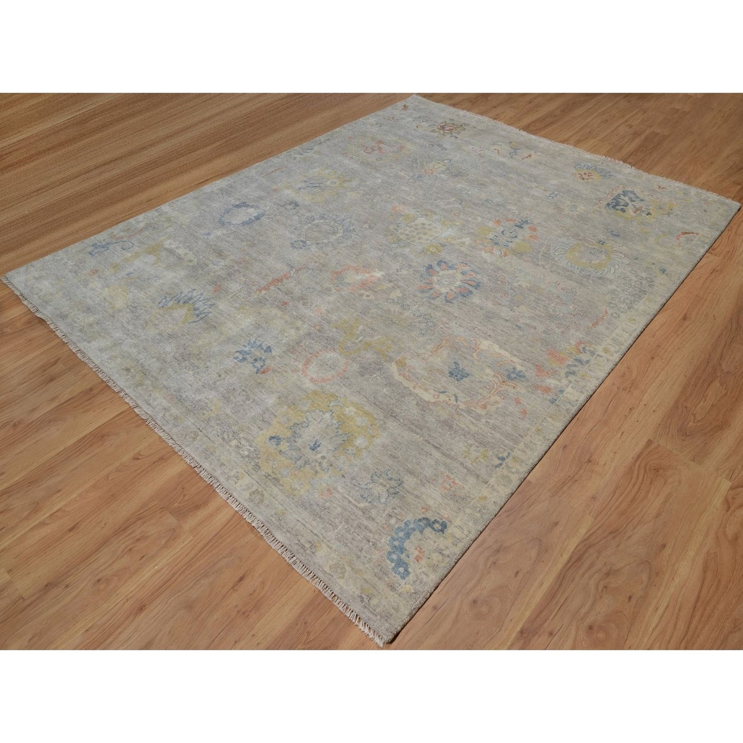 7'8"X10' Beige Hand Knotted Wool Rug Oushak With All Over Leaf Pattern