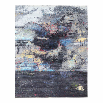 8'X10' Charcoal Black With Pop Of Colors Modern Wool-Silk Handknotted Rug