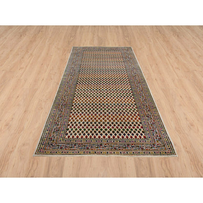 4'X10' Hand Knotted Beige Saroogh Wool And Sari Silk Wide Runner Rug