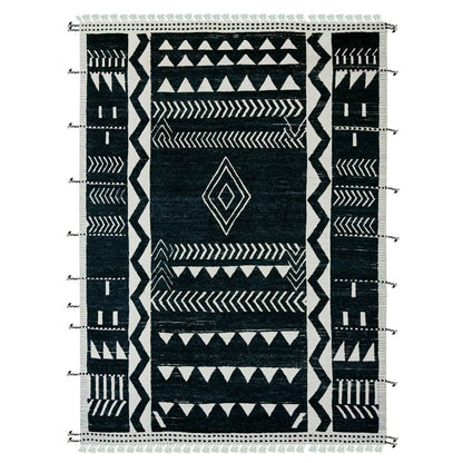 9'4"X12'10" Black Hand Knotted Moroccan Weave Ethnic Design Soft Wool Rug
