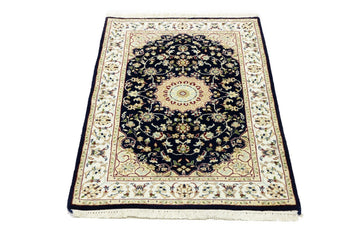 Indo-Nain Floral Rug Dark Navy 3X4 ft Entryway Kitchen Carpet