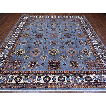 10'X10' Gray Hand Knotted Super Kazak Wool Medallions Oriental Square Rug