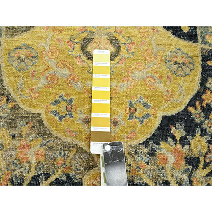9'1"X11'9" Yellow Repetitive Emblem Design Hand Knotted Wool Oriental Rug