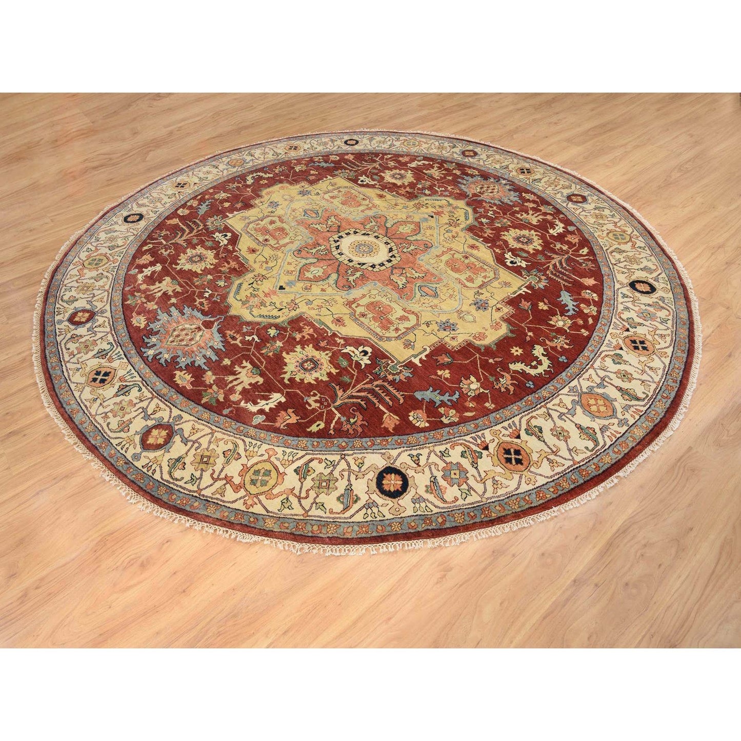 10'X10' Red Hand Spun Wool Hand Knotted Antiqued Fine Heris Round Rug