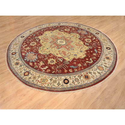10'X10' Red Hand Spun Wool Hand Knotted Antiqued Fine Heris Round Rug