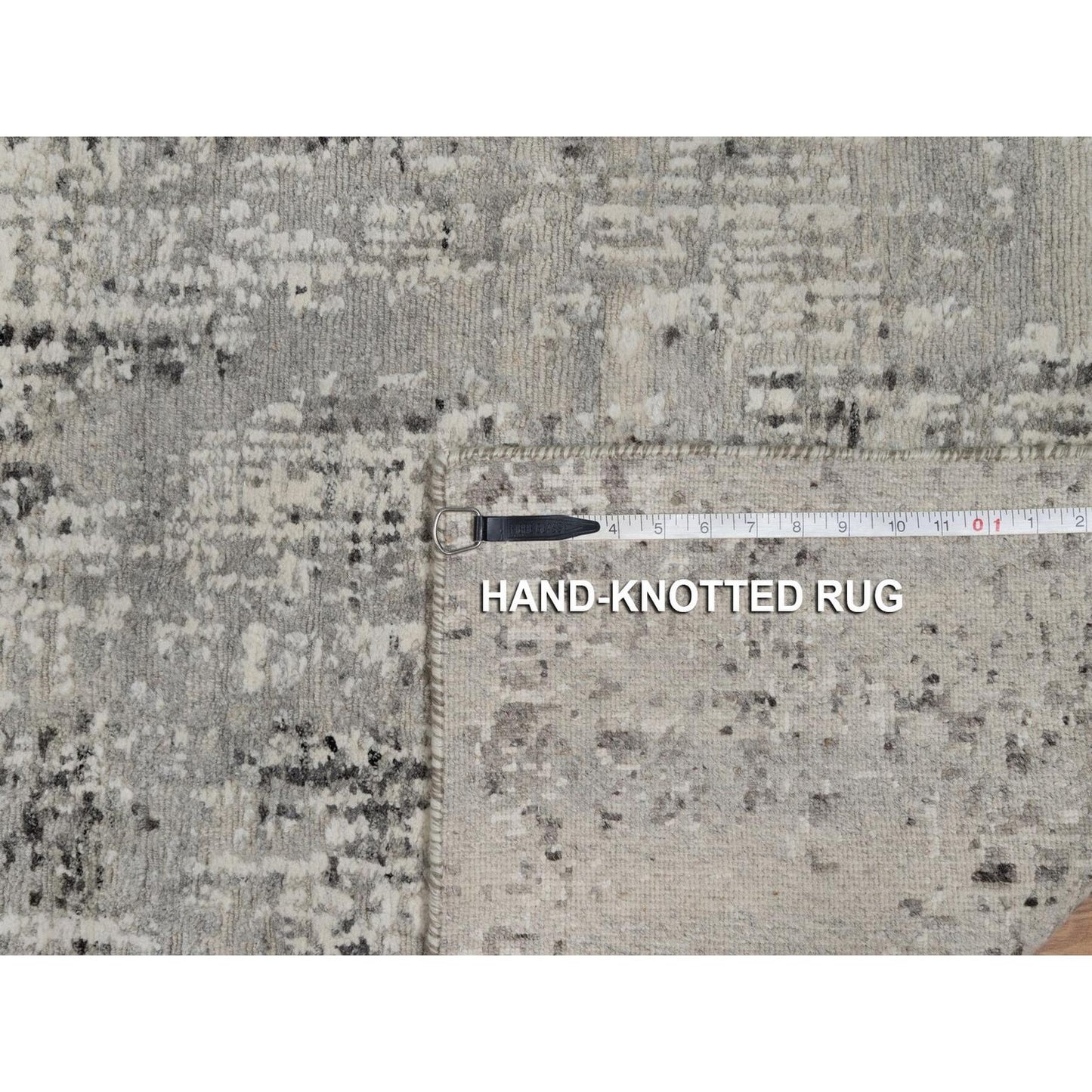 2'7"X8' Gray Modern Runner Rug Erased Design Hand Knotted Natural Wool