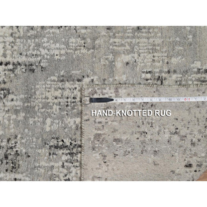 2'7"X8' Gray Modern Runner Rug Erased Design Hand Knotted Natural Wool