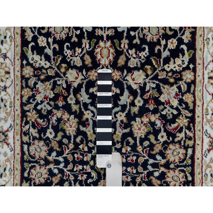 2'7"X8'1" Midnight Blue Wool And Silk Nain Hand Knotted Runner Rug