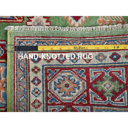 5'4"X6'8" Green Kazak Geometric Medallions Design Hand Knotted Wool Rug