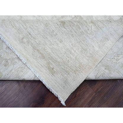 8'8"X11'5" White Hand Knotted Washed Out Peshawar Leaf Pattern Wool Rug