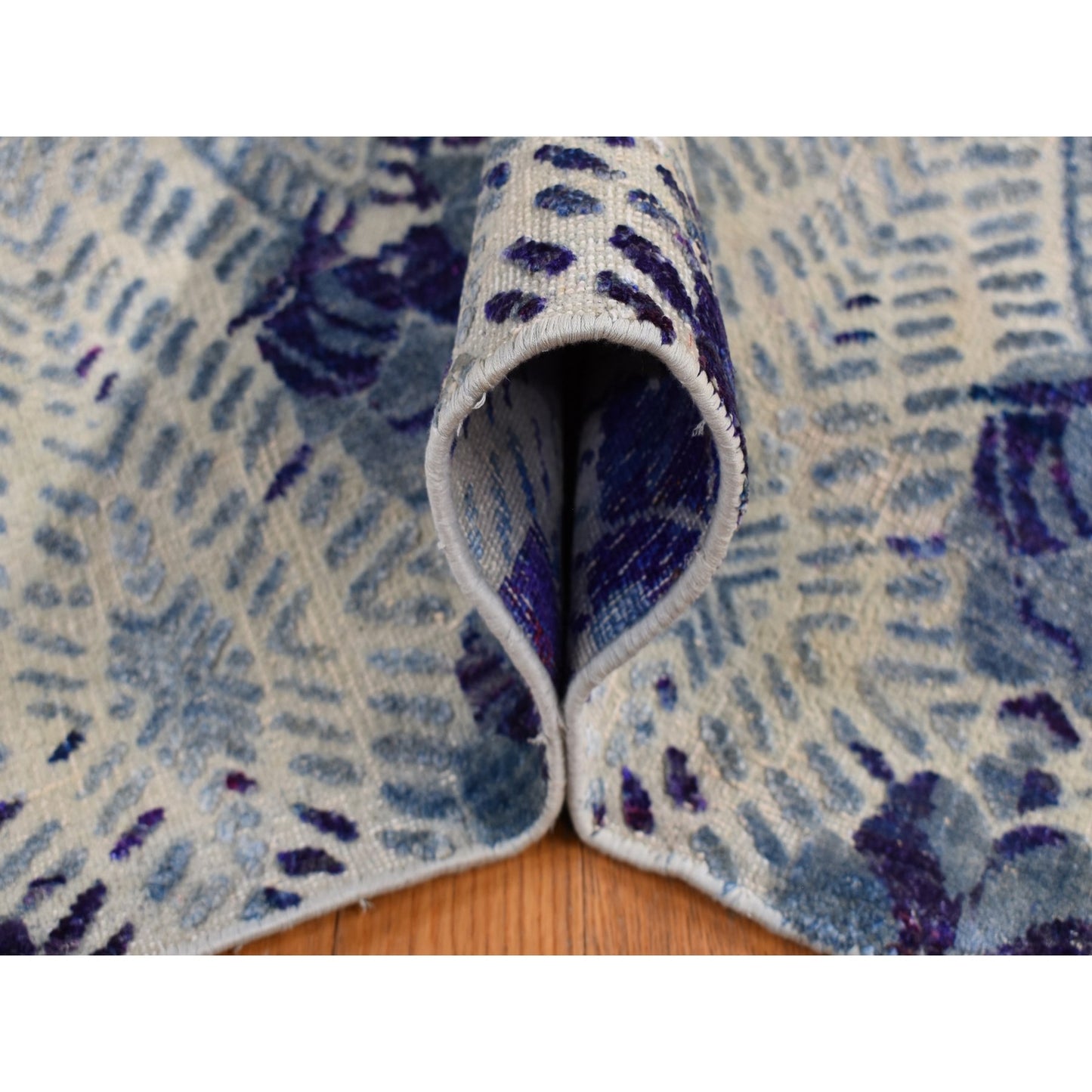 8'X10' Purple Geometric Design Sari Silk With Wool Hand Knotted Rug