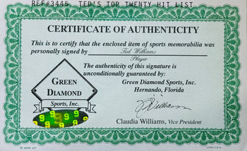 Ted Williams Signed Teds Top Twenty Hit List Framed 16X20 Photo (Green Diamond)