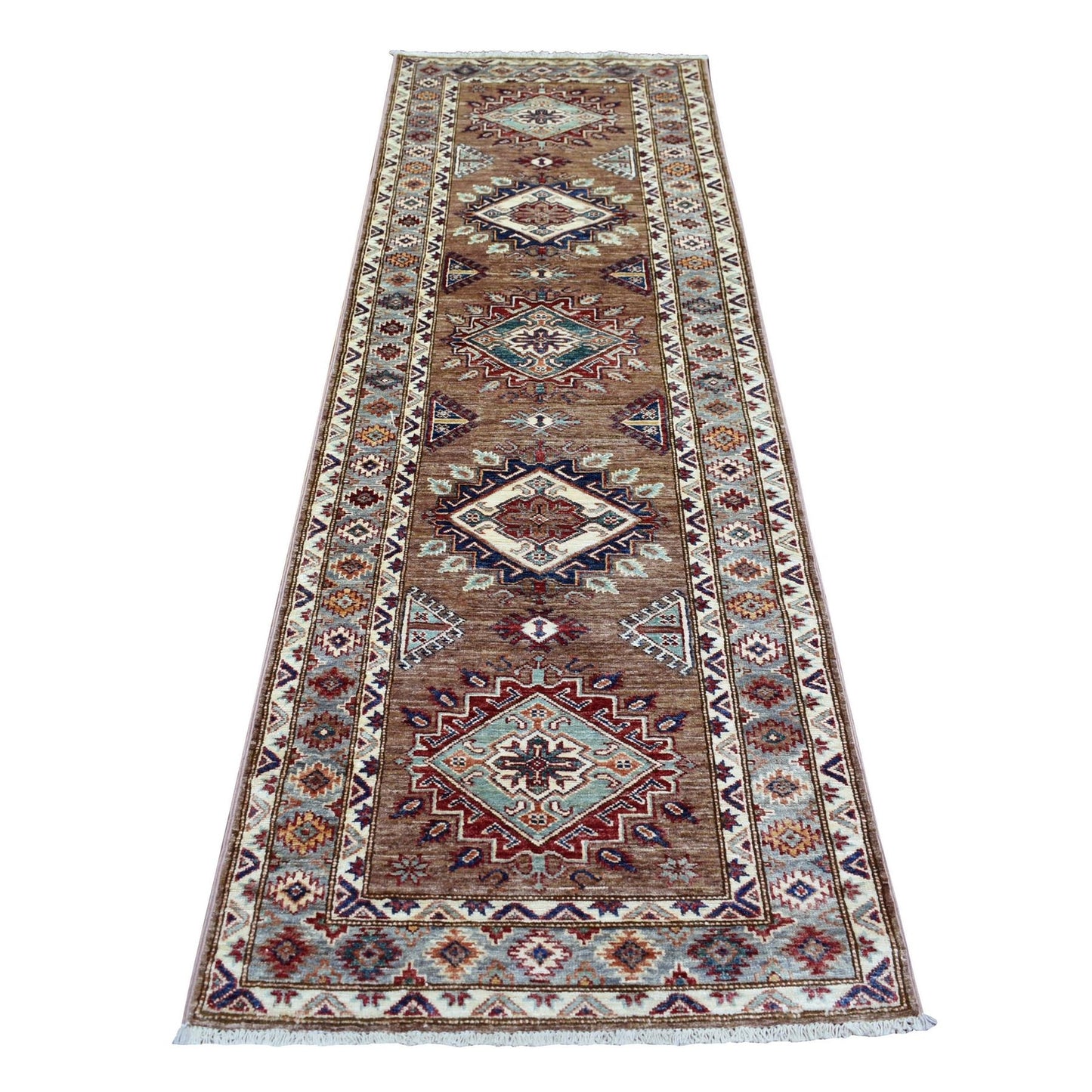 2'8"X8'6" Brown Afghan Super Kazak Hand Knotted Ghazni Wool Runner Rug