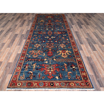 4'1"X10' Denim Blue Heris All Over Design Soft Hand Knotted Runner Rug