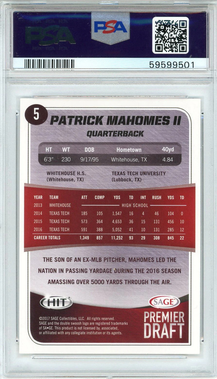 Patrick Mahomes Ii 2017 Sage Hit Rookie Card #5 (Psa Gem Mt 10)
