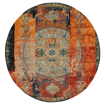 10'X10' Orange Ancient Ottoman Erased Design Wool Hand Knotted Round Rug