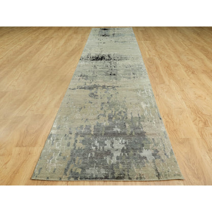 2'8"X19'10" Silver Gray Wool & Silk Modern Abstract Design Runner Rug