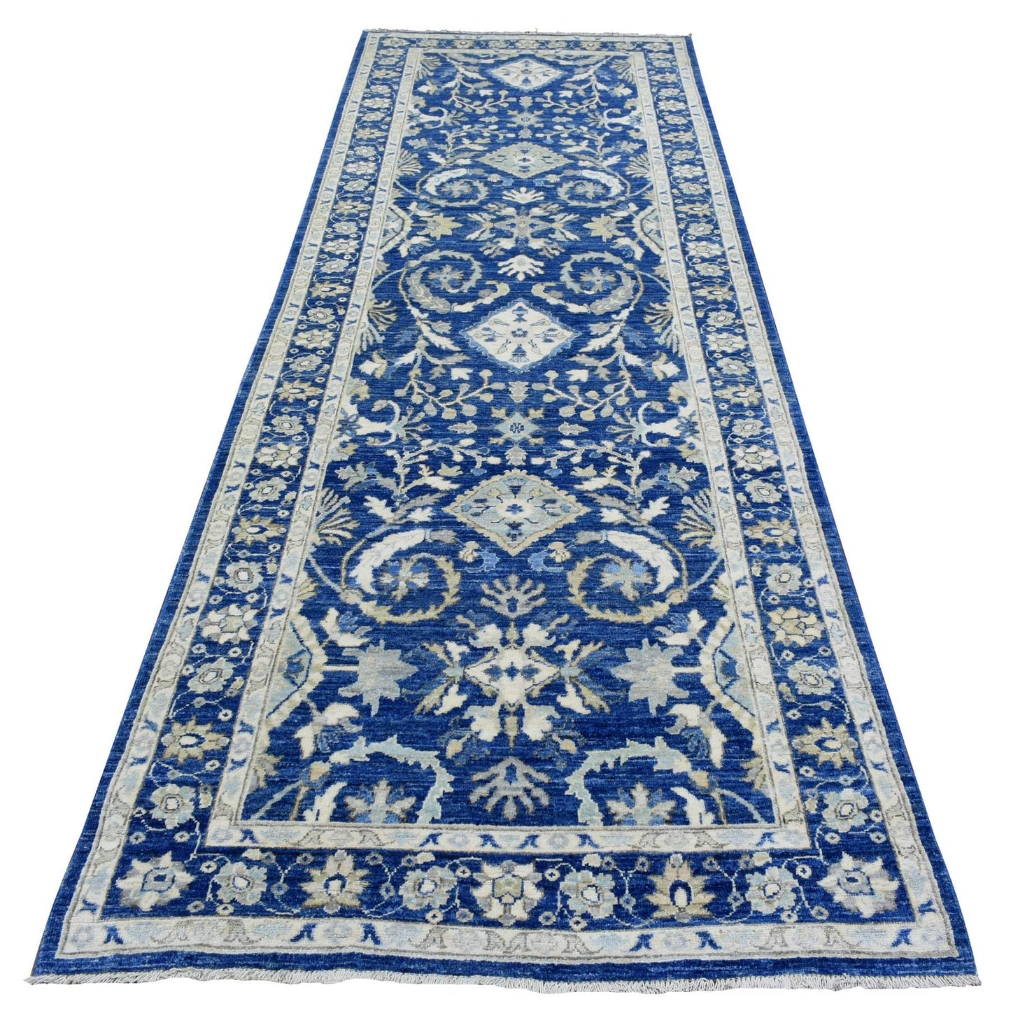 4'X11'8" Navy Blue Fine Peshawar Soft Wool Hand Knotted Wide Runner Rug