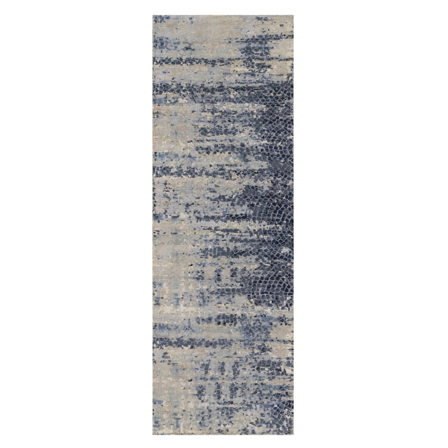 2'7"X8' Pewter Gray Modern Abstract Wool And Silk Hand Knotted Runner Rug