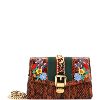 Gucci Sylvie Chain Shoulder Bag Embroidered Snakeskin Super Mini