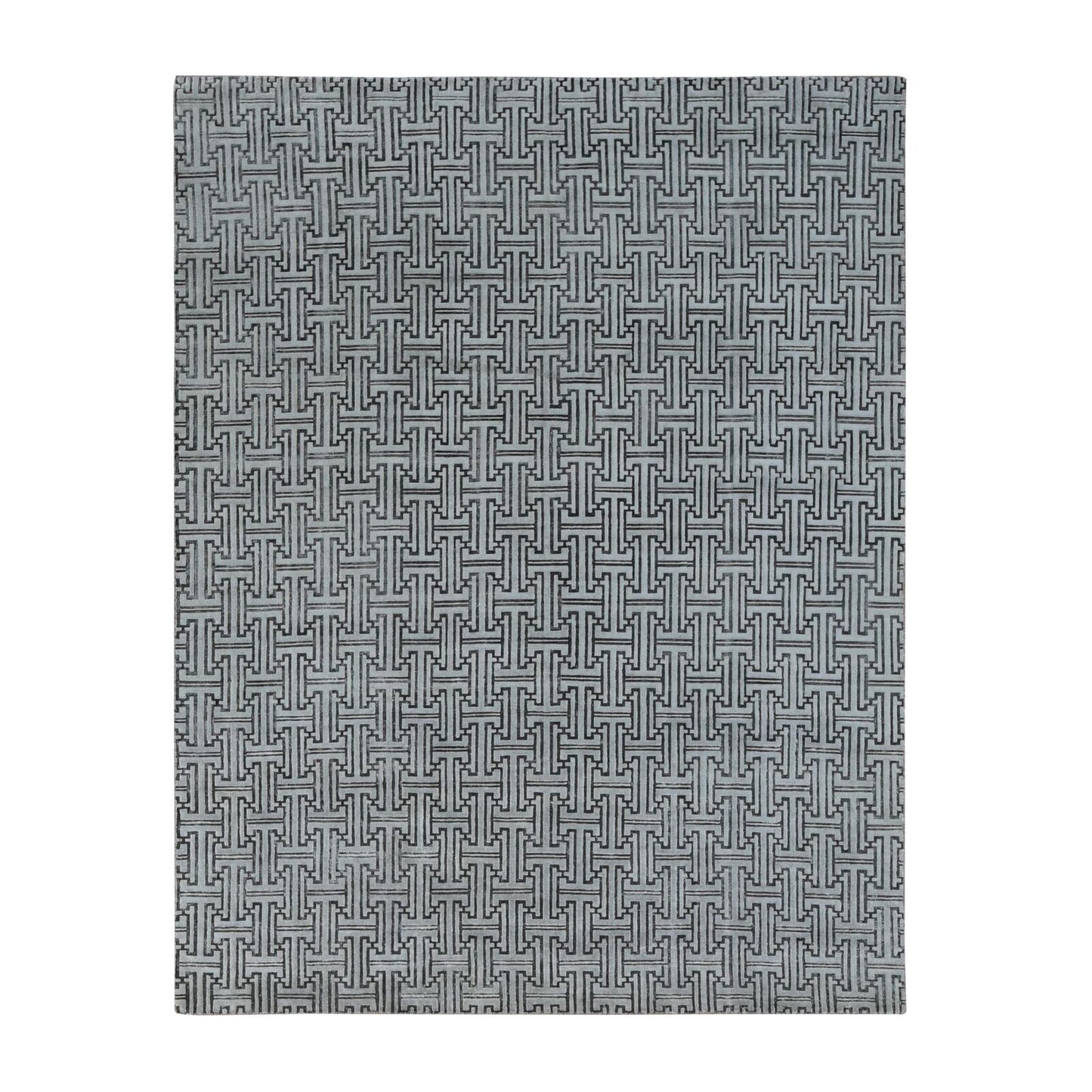7'10"X10'3" Gray Pure Silk With Wool Roman Key Design Hand Knotted Rug