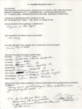 Elmer Valo Autographed Hand Filled Out Survey Page (Jsa)