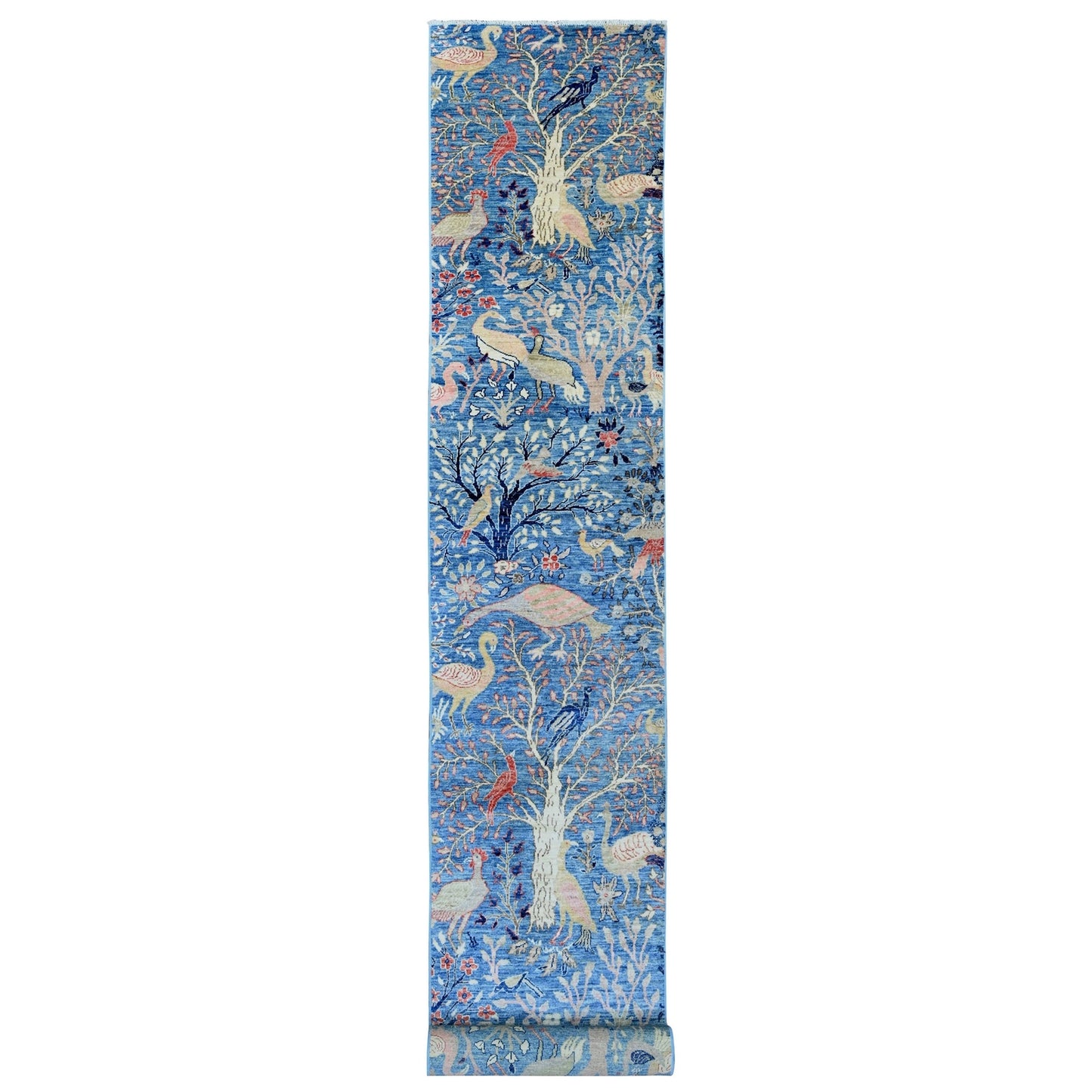 2'10"X23'6" Blue Afghan Peshawar Bird Design Wool Hand Knotted Runner Rug