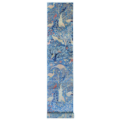 2'10"X23'6" Blue Afghan Peshawar Bird Design Wool Hand Knotted Runner Rug