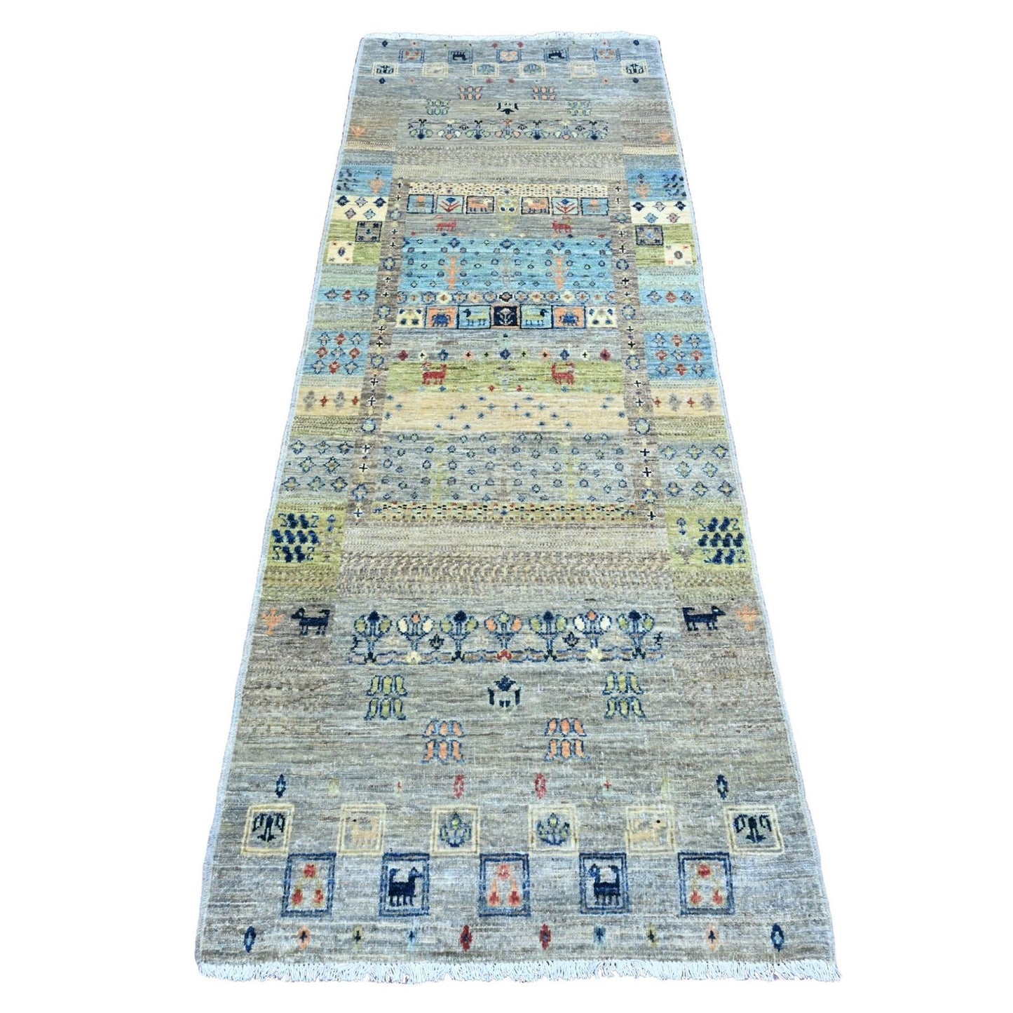 2'8"X7'7" Gray All Wool Kashkuli Animal Figurines Hand Knotted Runner Rug