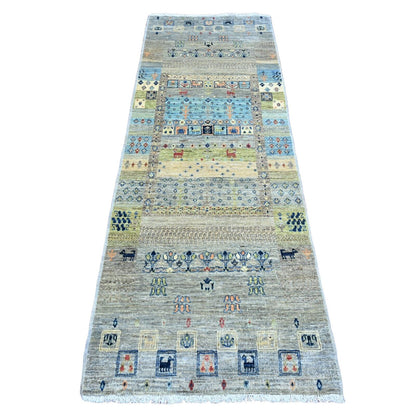 2'8"X7'7" Gray All Wool Kashkuli Animal Figurines Hand Knotted Runner Rug