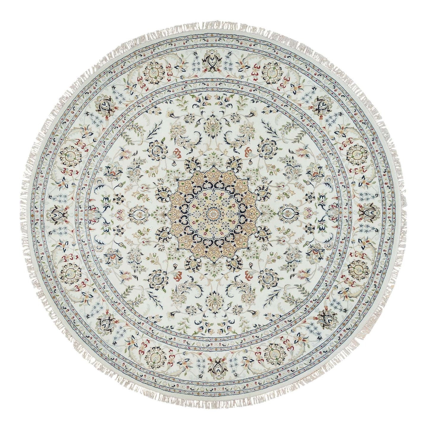 7'10"X7'10" Ivory Wool Hand Knotted Nain Design 250 Kpsi Round Rug