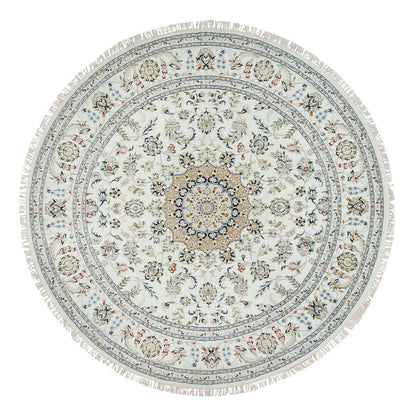 7'10"X7'10" Ivory Wool Hand Knotted Nain Design 250 Kpsi Round Rug