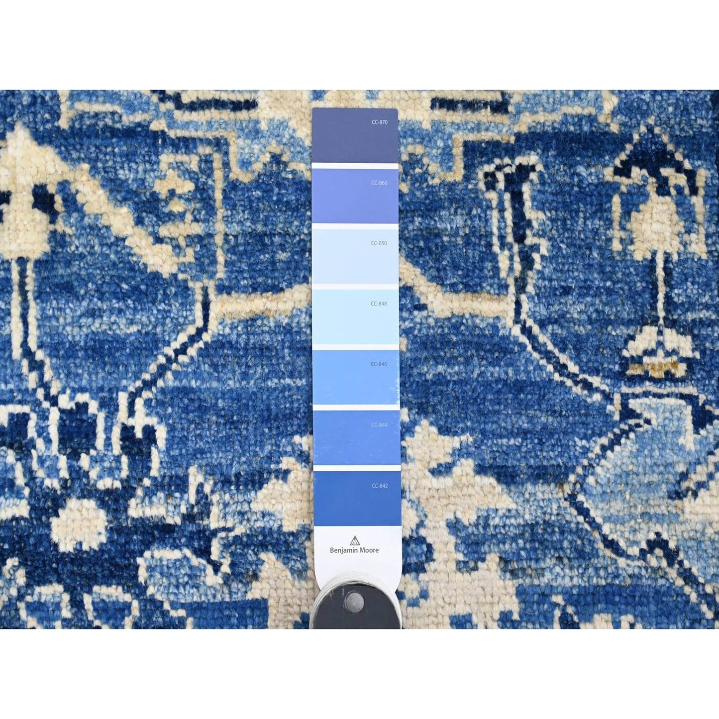 2'9"X19'7" Blue Hand Knotted Angora Oushak Leaf Design Wool Runner Rug
