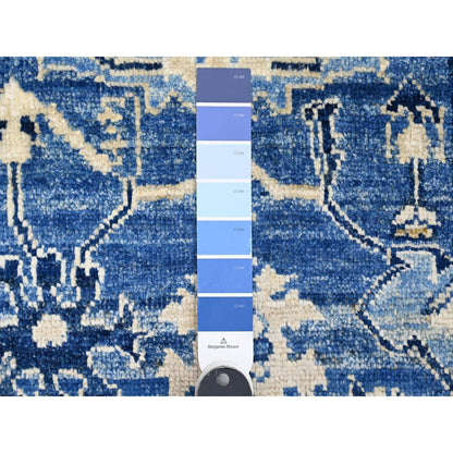 2'9"X19'7" Blue Hand Knotted Angora Oushak Leaf Design Wool Runner Rug