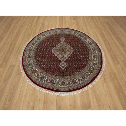 6'X6' Red Tebraz Mahi With Fish Design Pure Wool Hand Knotted Round Rug
