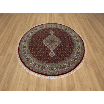 6'X6' Red Tebraz Mahi With Fish Design Pure Wool Hand Knotted Round Rug