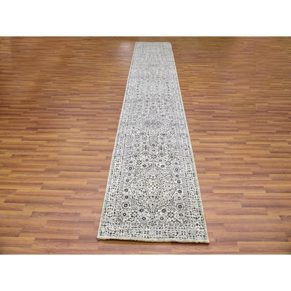 2'7"X14'1" White Mamluk Dynasty Undyed Wool Hand Knotted Runner Rug