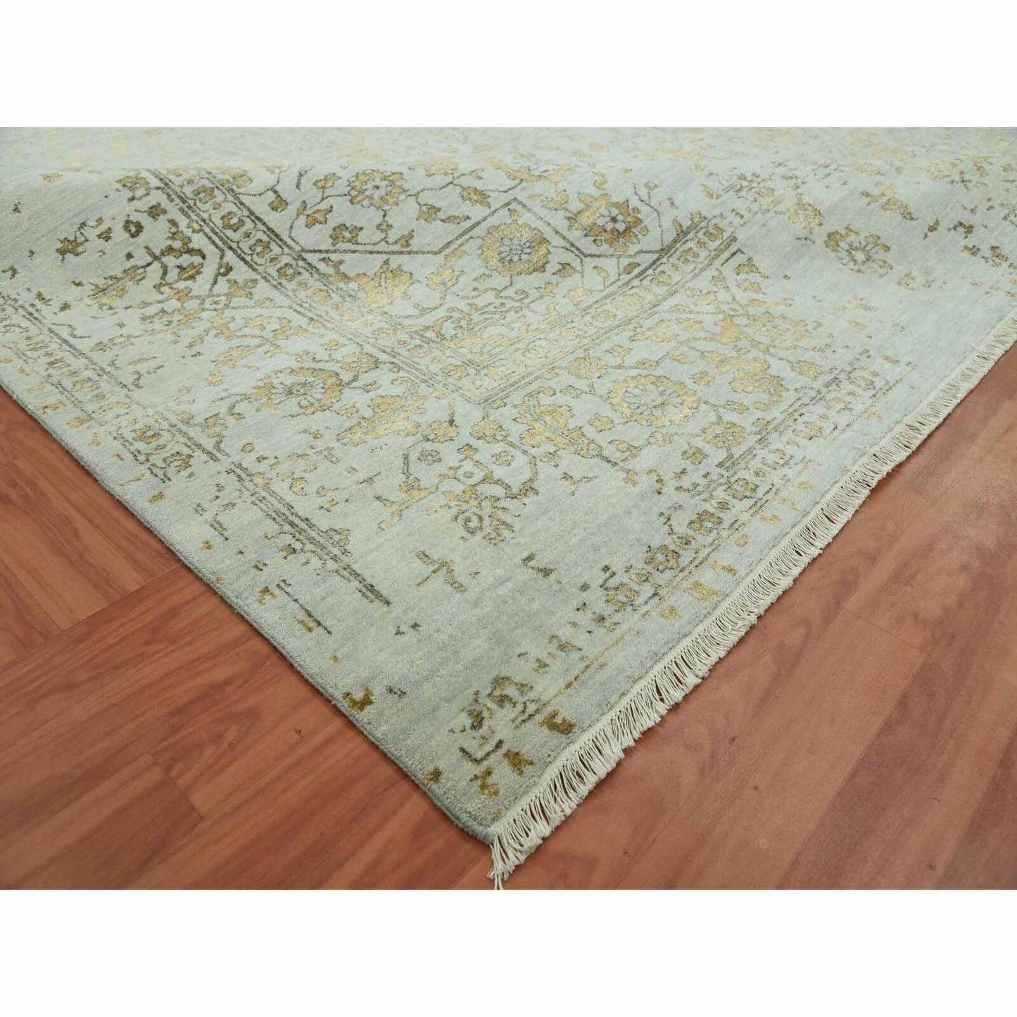 10'X14' Gray Hand Knotted Zoroastrian Heris Design Wool And Silk Rug