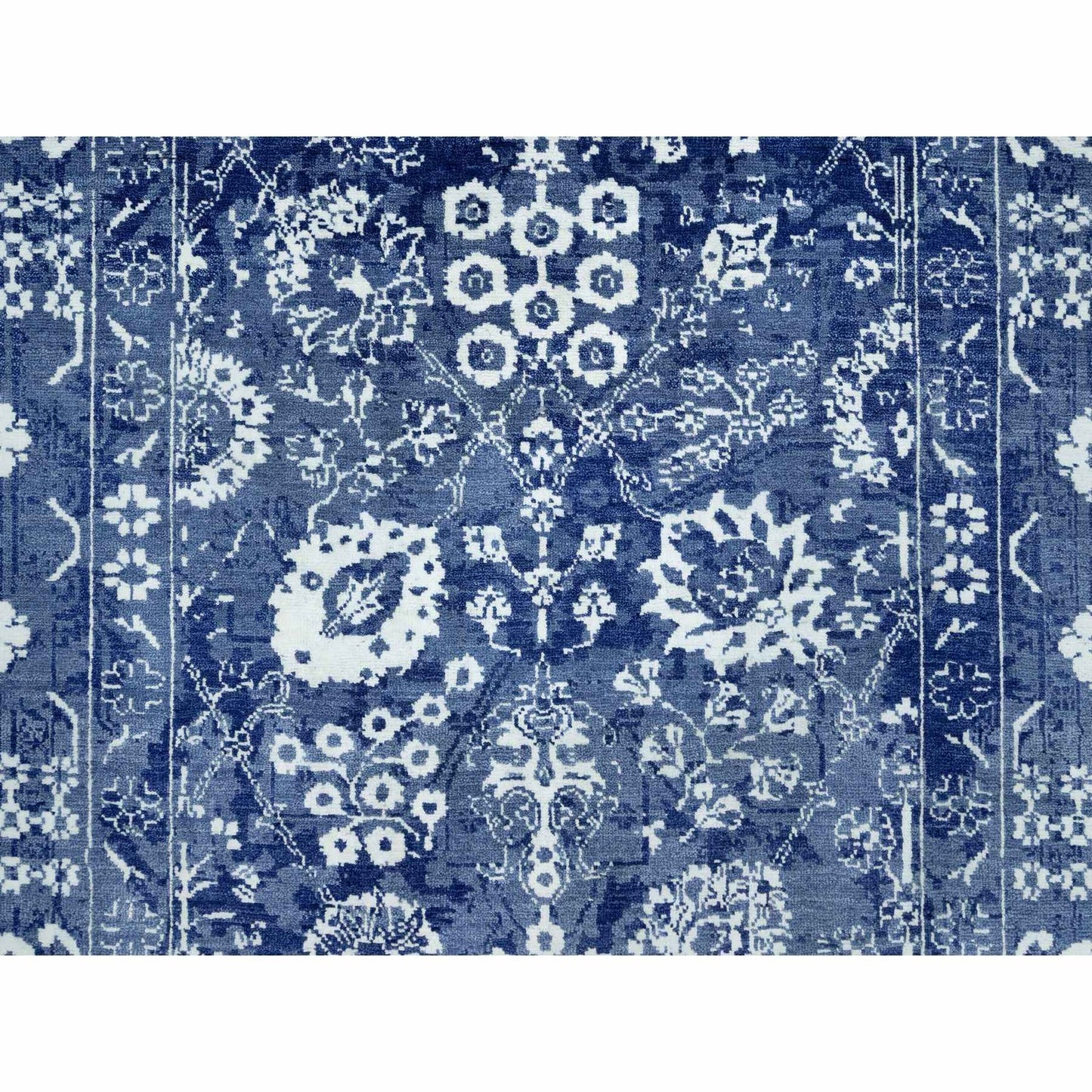 Rug 5'1"x6'10" Revel Blue Hand Knotted Tebraz Leaf Design Wool and Silk