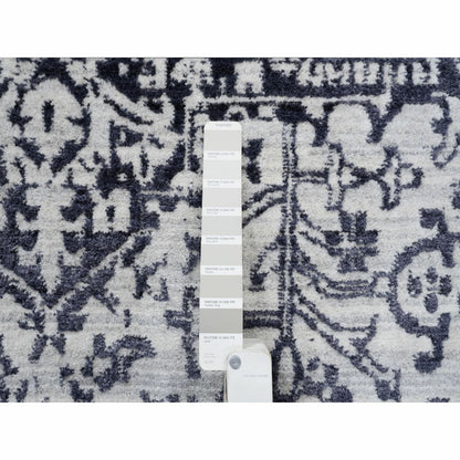 8'X10' Black Hand Loomed Erased Serapi Heris Design Wool And Silk Rug