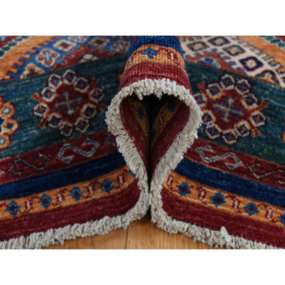 5'7"X8' Green Super Kazak Khorjin Design Hand Knotted Pure Wool Rug
