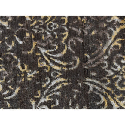 2'x9'10" Brown Hand Knotted Damask Tone on Tone Wool and Silk Runner Rug