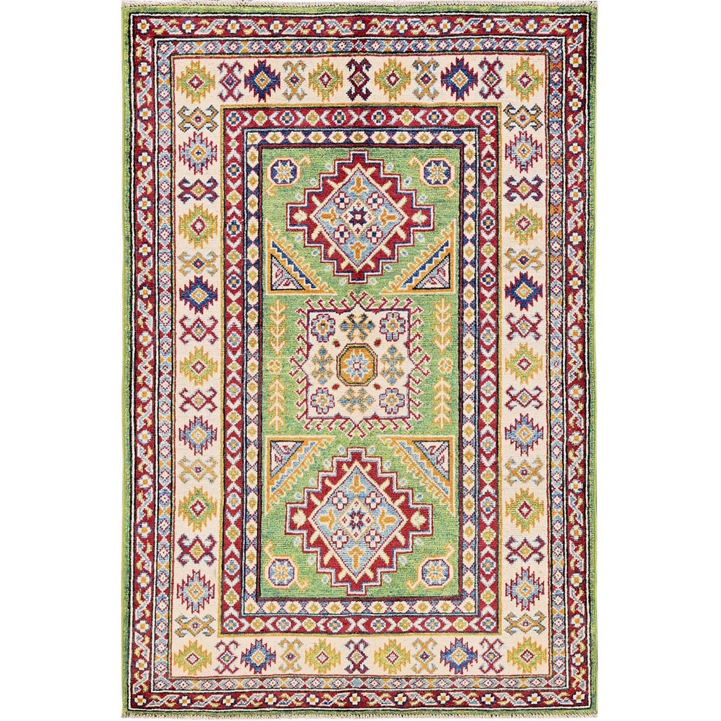 3'4"X5' Swamp Green Kazak With Geometric Design Hand Knotted Pure Wool Rug