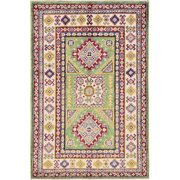 3'4"X5' Swamp Green Kazak With Geometric Design Hand Knotted Pure Wool Rug