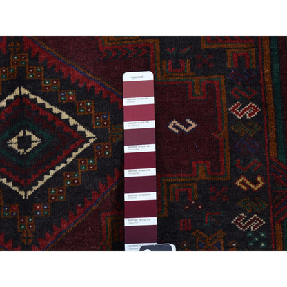 3'10"X7' Red Afghan Balooch Geometric Design Pure Wool Hand Knotted Rug