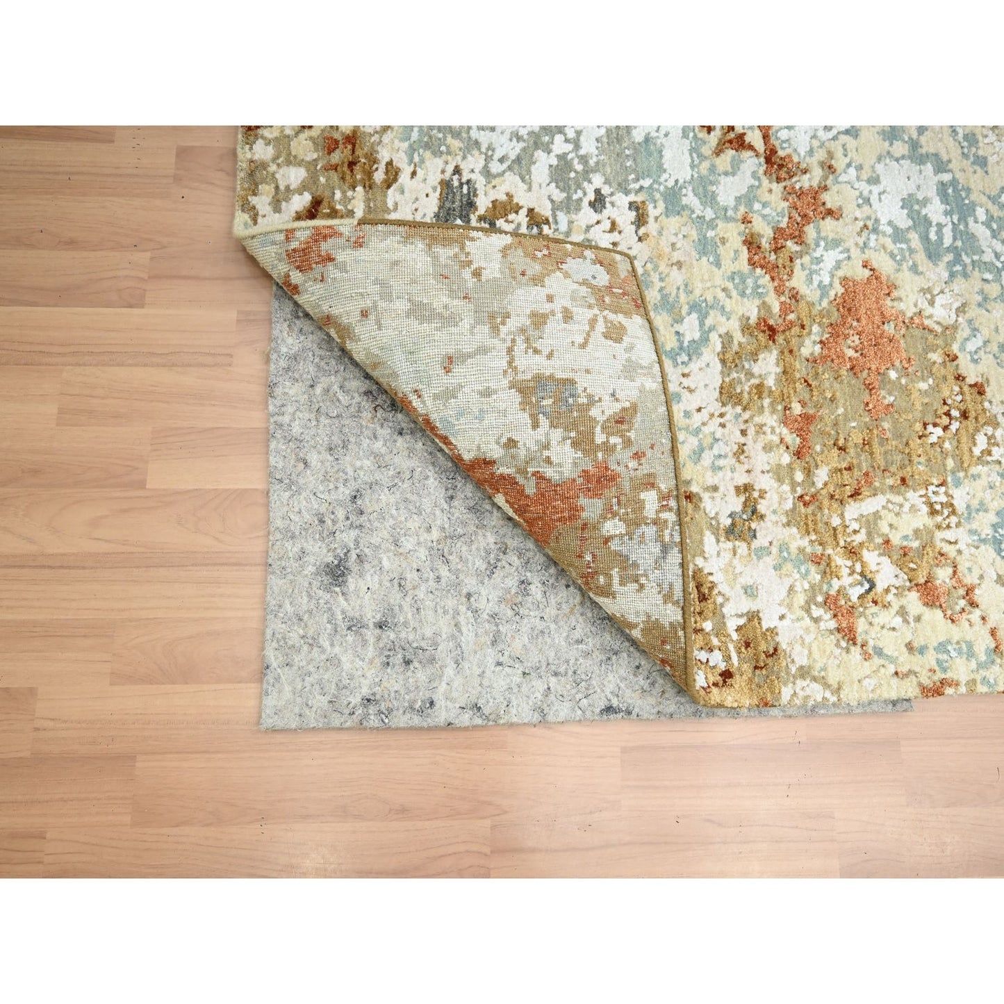 6'X9'3" Blue With Beige Abstract Galaxy Design Pure Wool Hand Knotted Rug