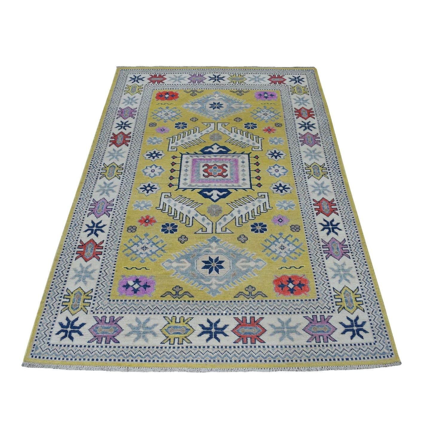 4'X6'4" Colorful Yellow Fusion Kazak Pure Wool Hand Knotted Oriental Rug