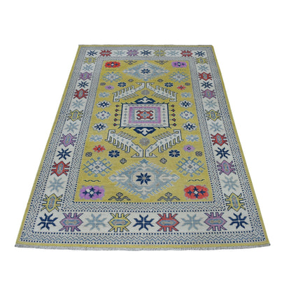4'X6'4" Colorful Yellow Fusion Kazak Pure Wool Hand Knotted Oriental Rug